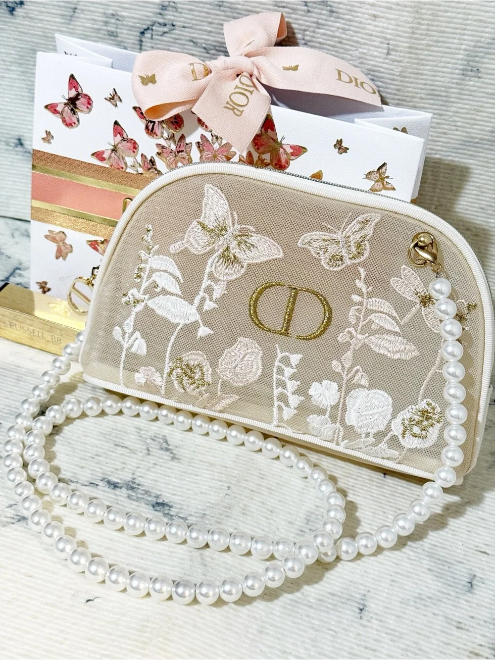 Dior Beauty Butterfly Floral Embroidered Mesh Pouch with Pearl Strap & Gift Bag